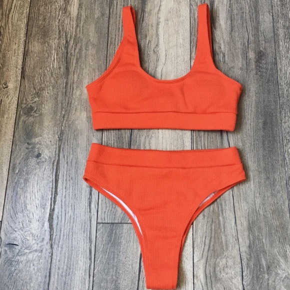 Orange Ribbed textured Bikini Set - Picture 4 of 6